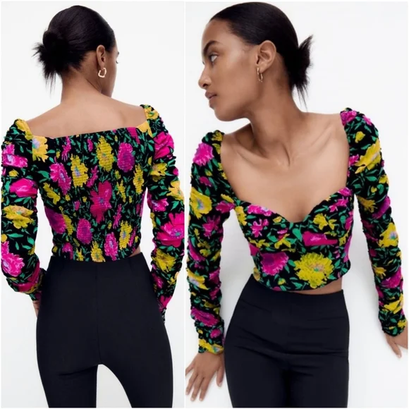 NEW! ZARA Long Sleeve Vibrant Floral Sweetheart Neckline Crop Top XS - Picture 2 of 11